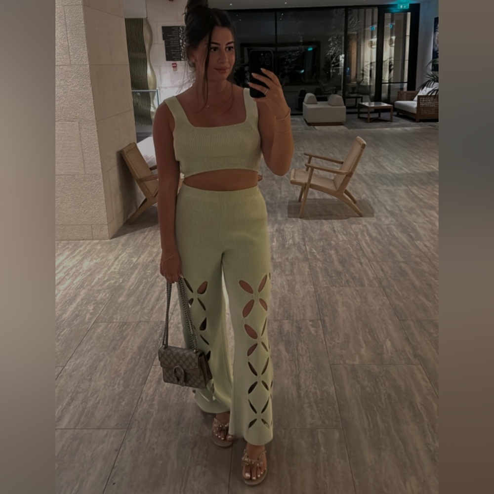 Cutout Wide-Leg Knit Pants in Light Green
